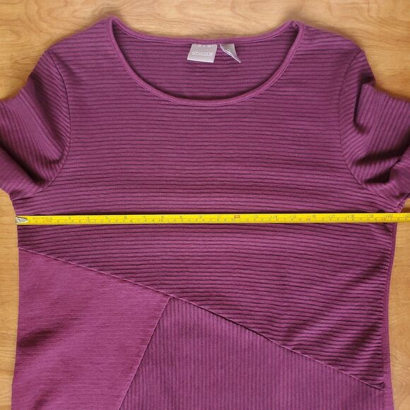 Chicos Tunic Top Size 2 US L Burgundy Ribbed Knit Stripe Round Neck 3/4 Sleeve - Picture 6 of 7